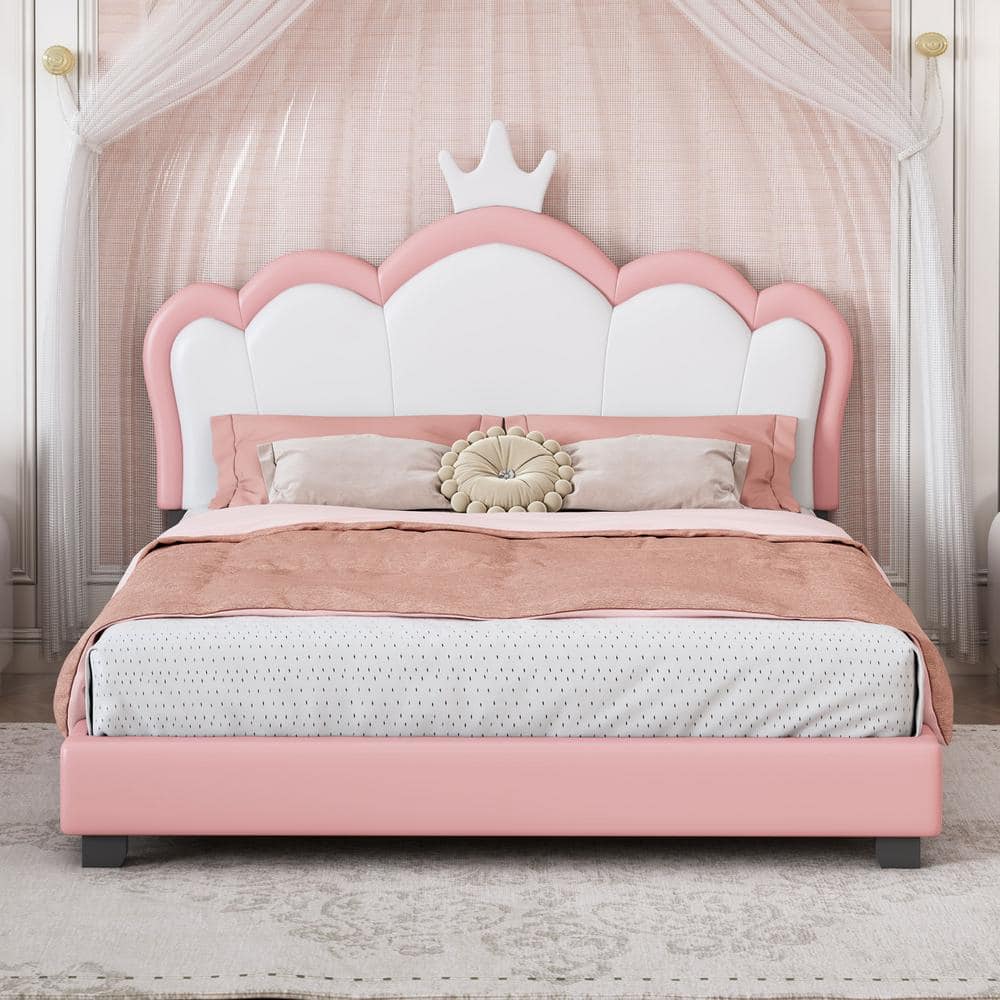 Harper Bright Designs Pink Wood Frame Full Size PU Upholstered Princess Bed with White Crown Headboard LHC031AAH F The Home Depot