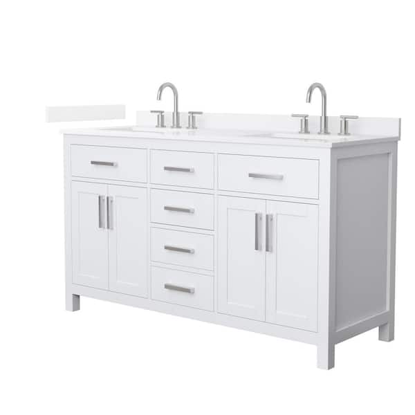 Wyndham Collection Beckett 60 in. Double Freestanding White Bath Vanity with White Quartz Top (Assembled)
