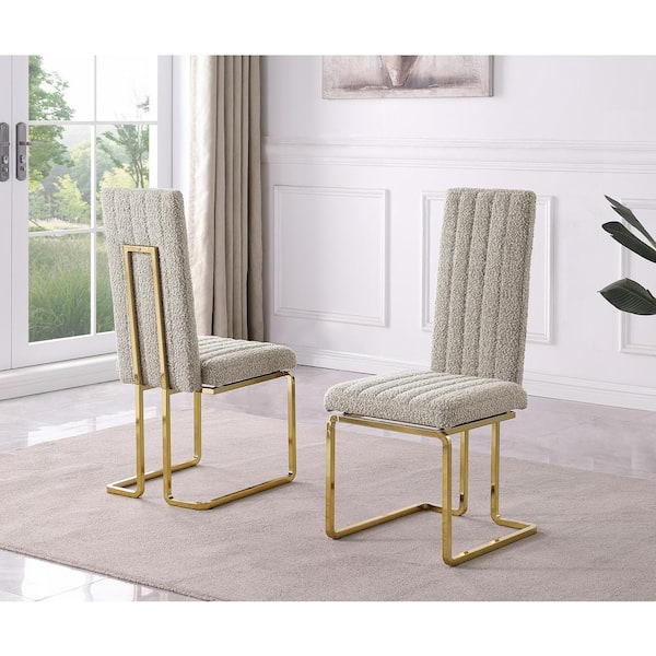 Best Quality Furniture Chuck Grey Boucle Fabric Side Chair Set of 2 with Gold Chrome Plated Base