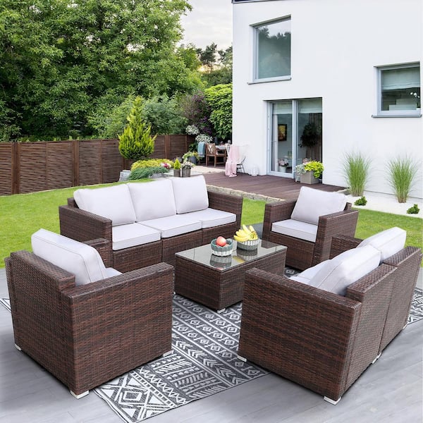 Tenleaf Brown 8-Piece Wicker PE rattan Outdoor Sectional Set with Light Gray Cushion