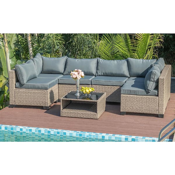 7-Piece Wicker & Metal Outdoor Patio Conversation Sectional Seating Set with Coffee Table and Gray Cushions