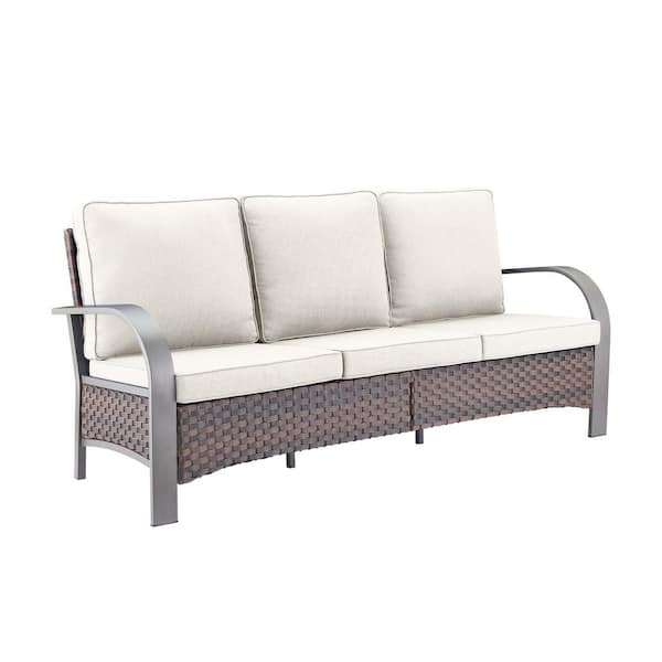 Terraze Brown 3-Piece Wicker Outdoor Sectional Couch Patio 3-Seat Sofa with Multifunctional Ottomans Beige Cushions