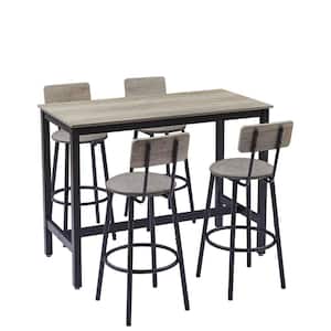 5-Piece Rectangular Gray Wood Top Bar Table Set with 2 Bar Stools with Faux Leather Seat, Back and Footrest Seats 4