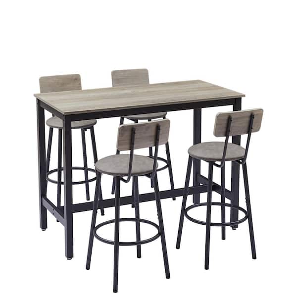 URTR 5-Piece Rectangular Gray Wood Top Bar Table Set with 2 Bar Stools with Faux Leather Seat, Back and Footrest Seats 4