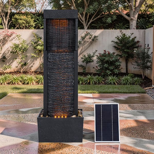 Athena 38 in. Tall Outdoor Gray Slate Solar-Powered Waterfall Fountain with LED Lights