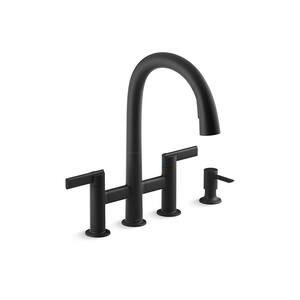 Otira 2-Handle Bridge Pull-Down Kitchen Faucet with Soap Dispenser and Sweep Spray in Matte Black