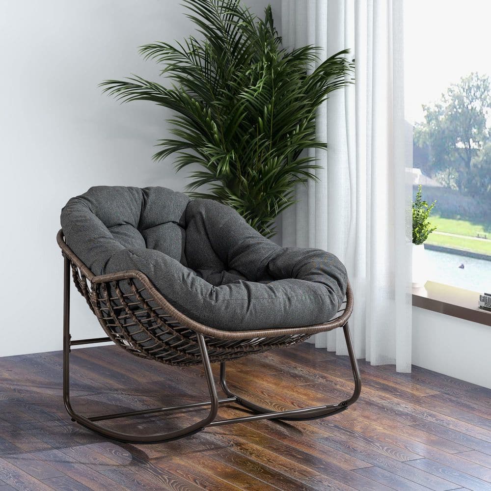 1-Piece Brown Wicker Outdoor Rocking Chair with Gray Cushion