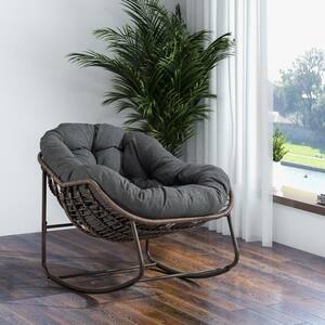 1-Piece Brown Wicker Outdoor Rocking Chair with Gray Cushion