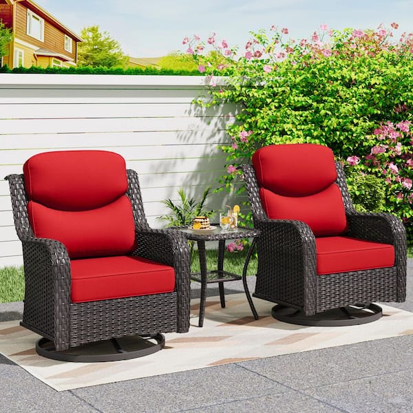 Smiley 3-Piece Brown Wicker Outdoor Rocking Chairs Swivel Chair Set with Thick Red Cushions and Side Table