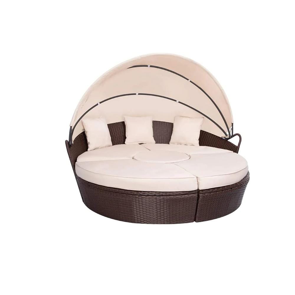 Wicker Outdoor Day Bed with Beige Cushions and Retractable Canopy Coffee Ta