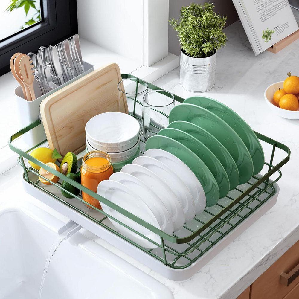 Green Compact Kitchen Dish Rack with Cutlery Holder, Stainless