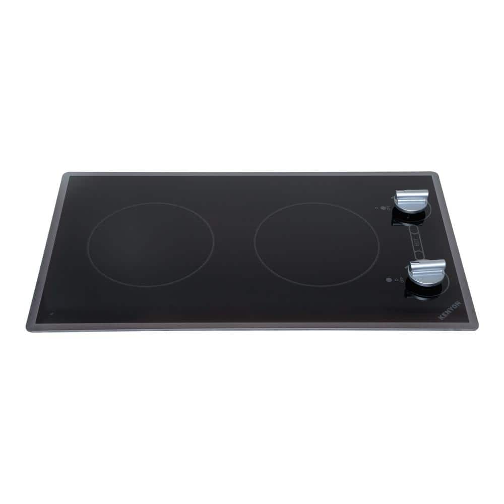 Kenyon Cortez Series 12 in. Radiant Electric Cooktop in Black with 2 Elements Knob Control 120-Volt, Smooth Black with Silver Knobs