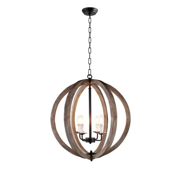 Unbranded 4-Light Rustic Black and Vintage Wood Globe Chandelier with no Bulbs Included