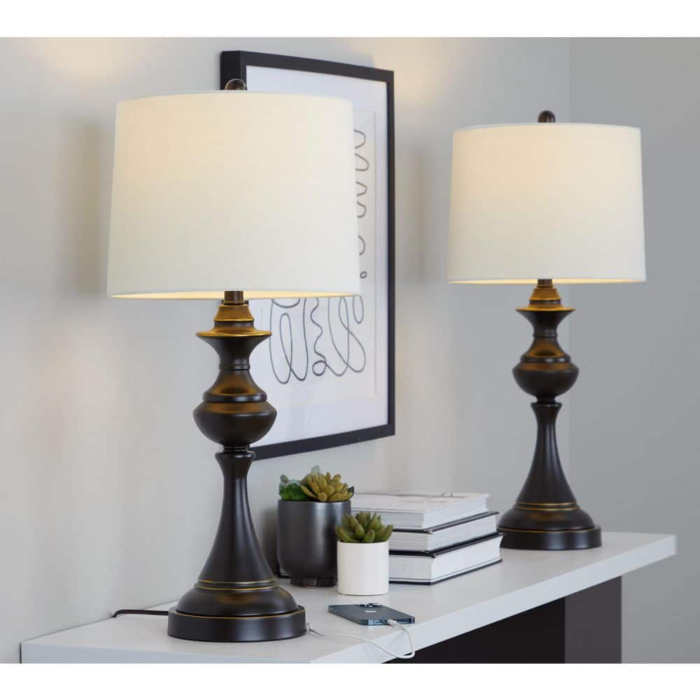 Montgomery 29 in. Oil Rubbed Bronze and White Linen Table Lamp with USB Ports (Set of 2) price history on PriceWatchPro