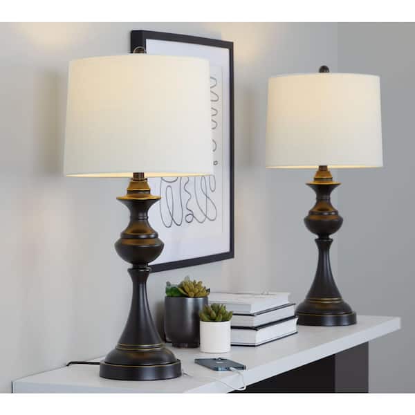 Montgomery 29 in. Oil Rubbed Bronze and White Linen Table Lamp with USB Ports (Set of 2)
