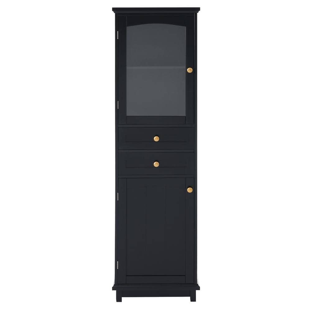 17.76 in. W x 14.21 in. D x 62.99 in. H Black Wood Linen Cabinet with Glass