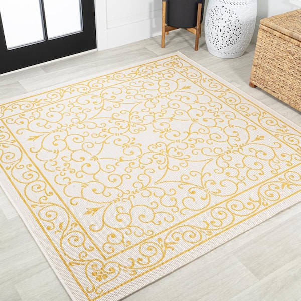 Charleston Vintage Filigree Textured Weave Cream/Yellow 5 ft. Square Indoor/Outdoor Area Rug