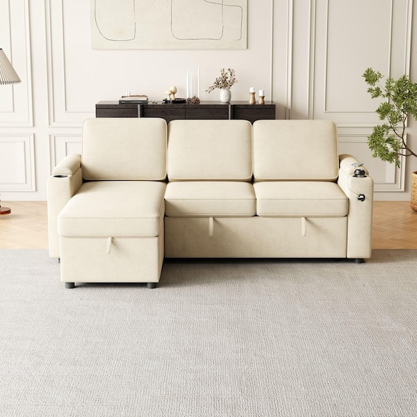 Modern 85.8 in. Beige Fabric Twin Size Sofa Bed with Storage and Charging Station