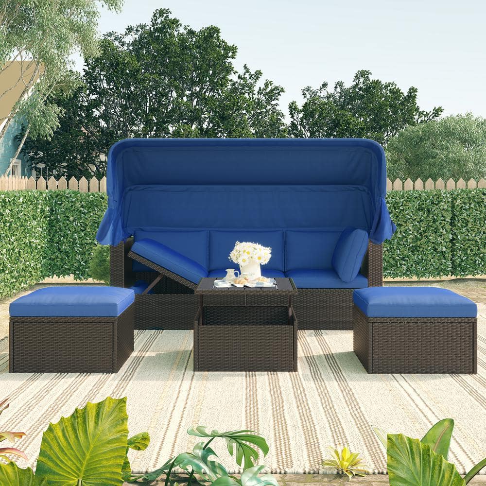 Wicker Outdoor Patio Rectangle Day Bed with Retractable Canopy and Blue Cushions
