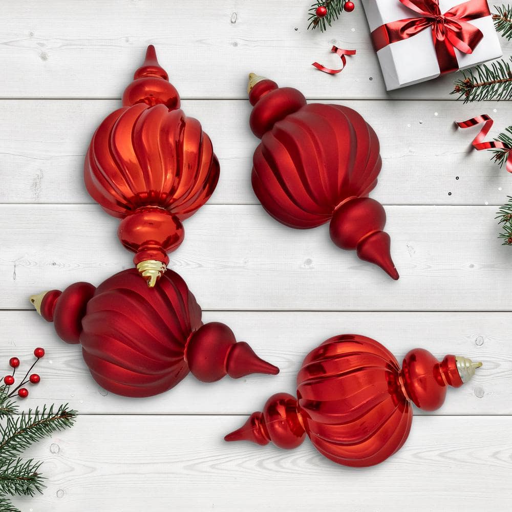 Northlight 10 in. 2-Finish Commercial Size Finial Shatterproof Christmas Ornaments Red(Set of 4)