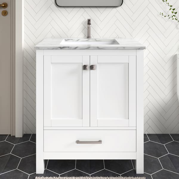 Anneliese 30 in. W x 21 in. D x 35 in. H Single Sink Freestanding Bath Vanity in Matte White with Carrara Marble Top