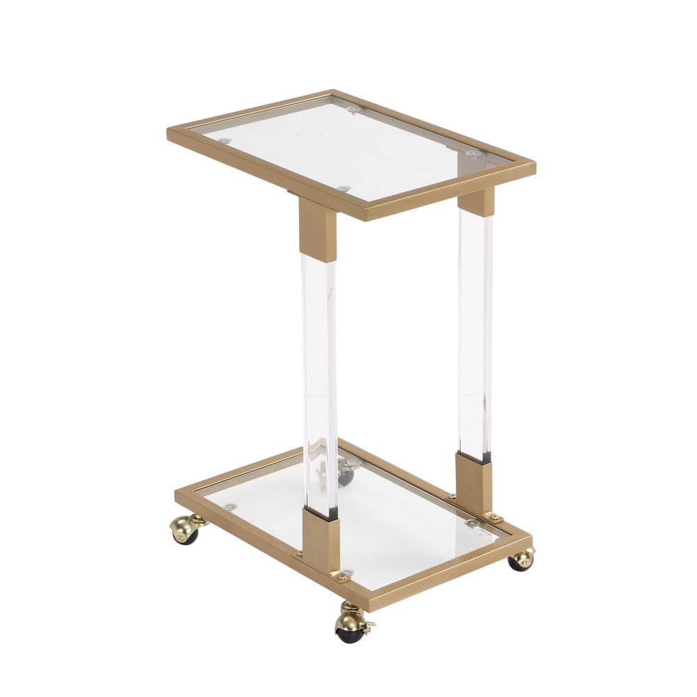 Angel Sar 17.72 in. Gold C-Top Glass Side Table with Casters