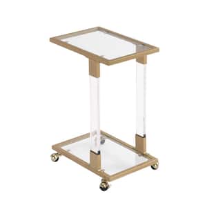 17.72 in. Gold C-Top Glass Side Table with Casters, 2-Tier Acrylic End Table for Living Room, Bedroom