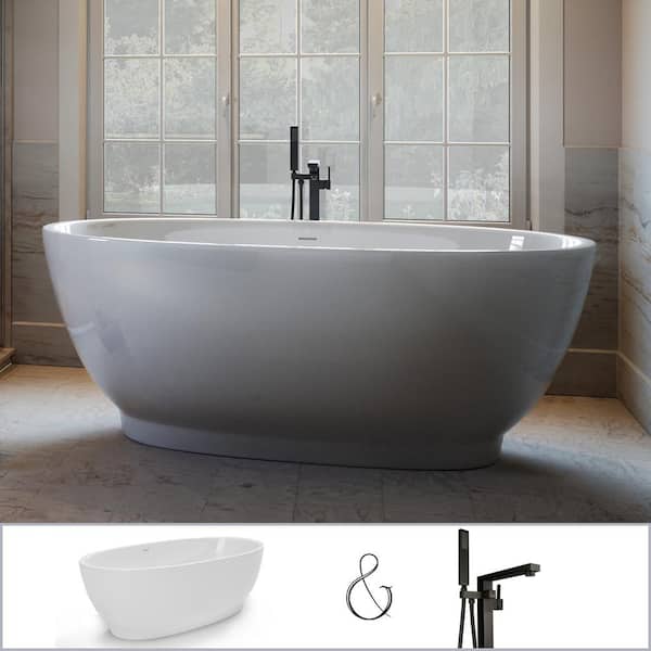 PELHAM & WHITE W-I-D-E Series Grandby 65 in. Acrylic Oval Freestanding Tub in White, Floor-Mount Square-Post Faucet in Matte Black
