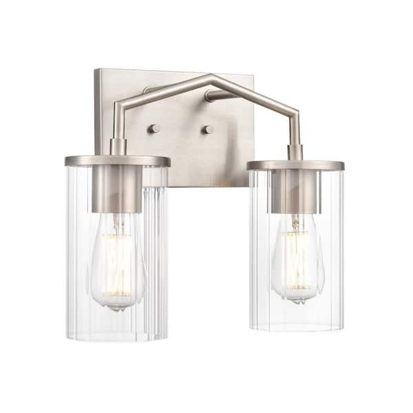 Beverlly 13 in. Wide 2-Light Brushed Nickel Vanity Light with Clear Beveled Glass