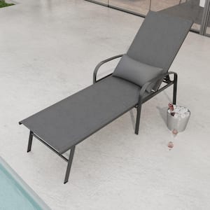 Gray Metal Outdoor Chaise Lounge with Adjustable Backrest and Lumbar Pillow