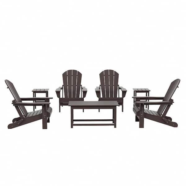 Laguna 7-Piece Fade Resistant Outdoor Patio HDPE Poly Plastic Folding Adirondack Chair Conversation Set in Dark Brown