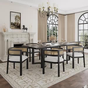 Lythor 7-Piece Dining Set with Cushioned Seats, Cane Rattan Webbing, Wood Top, Black Plus Beige