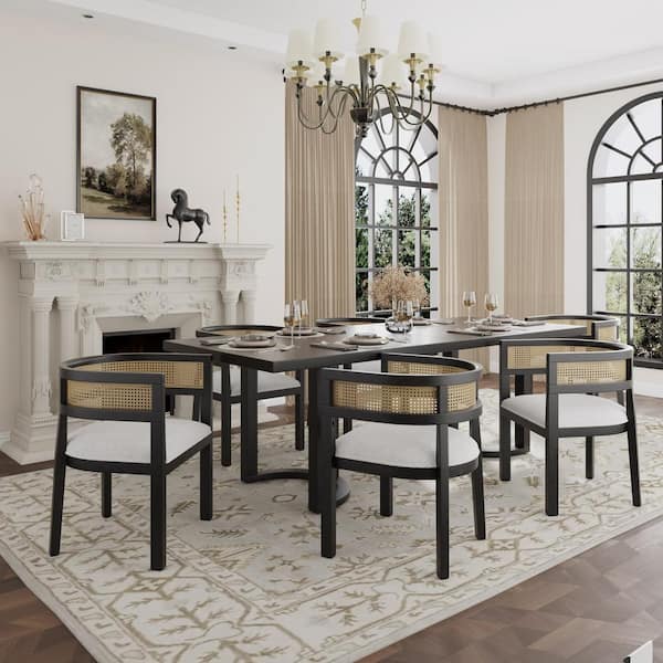 CHRISTOPHER KNIGHT HOME Lythor 7-Piece Dining Set with Cushioned Seats, Cane Rattan Webbing, Wood Top, Black Plus Beige