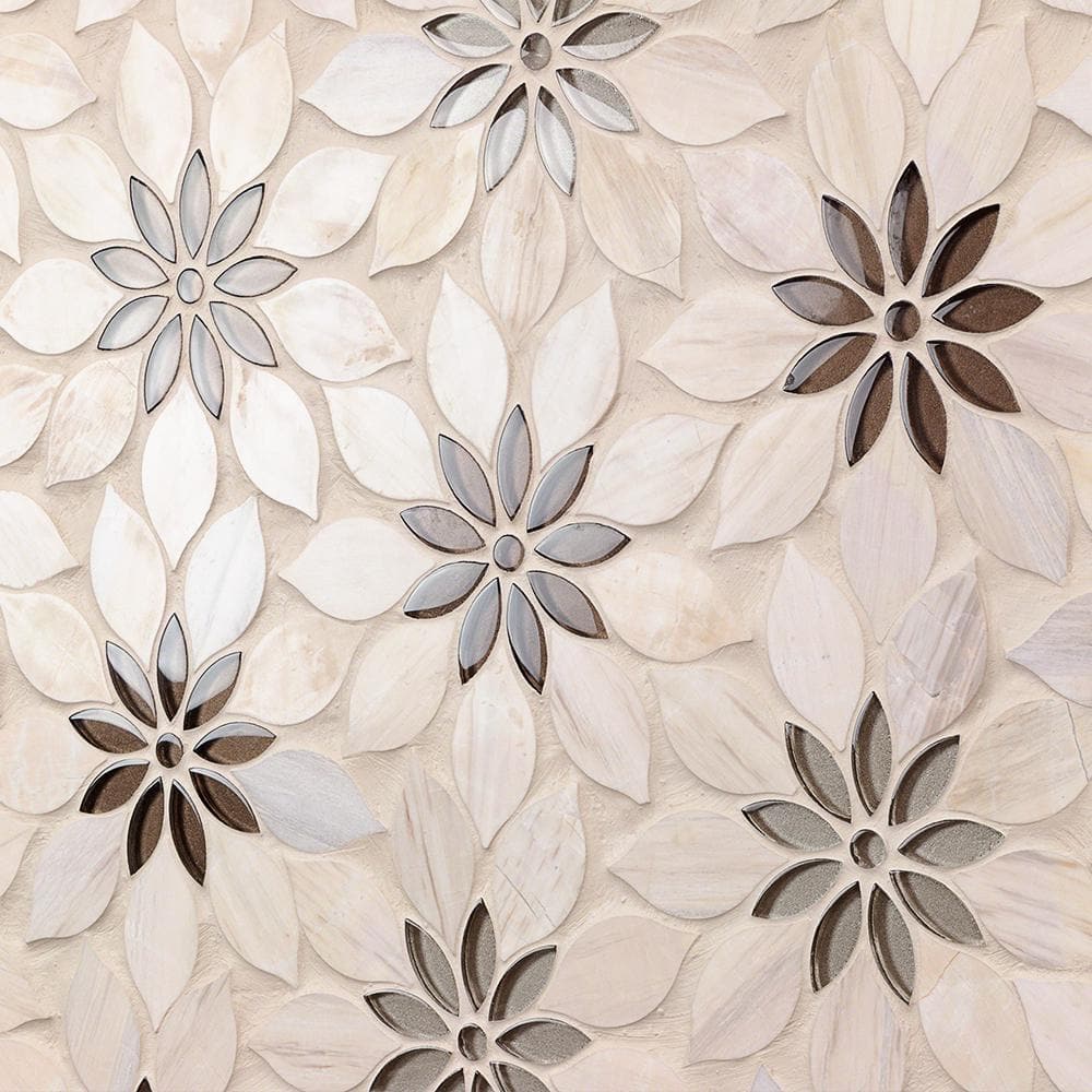 Thistle Ivory and Black Polished Marble Mosaic Tile Sheet
