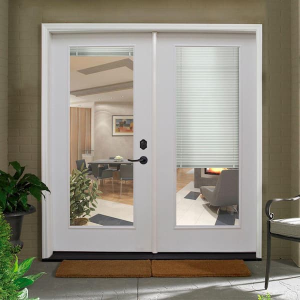 Reliant Series White Primed Fiberglass Prehung Mini Blind Patio Door
