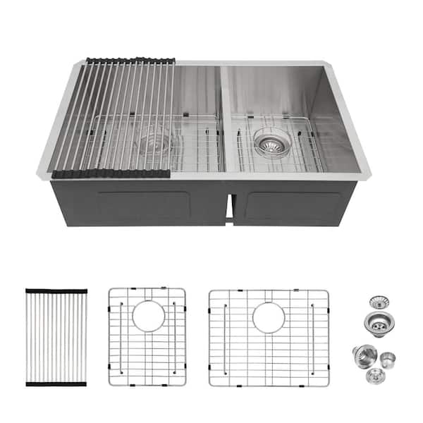 33 in. Undermount Single Bowl 16 Gauge Brushed Nickel Stainless Steel Kitchen Sink with Bottom Grids