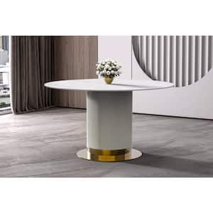 Jexis 60 in. Mid-Century Modern Round Dining Table with Sintered Stone Top and White/Gold Pedestal Base (Solid White)