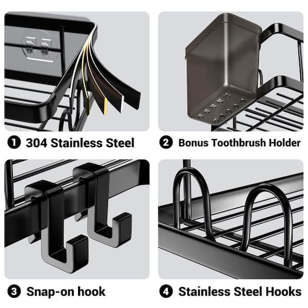 Stainless Steel Corner Shower Caddy with Adhesive, Hooks and Toothpaste Holder for Bathroom and Kitchen (2-Pack)