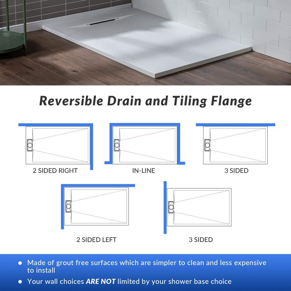 White Solid Surface Low-Profile Curbless Shower Base 48 x 32