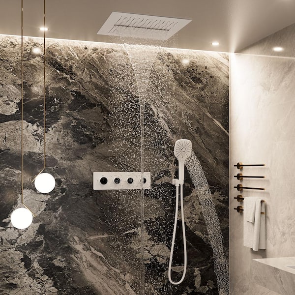 5-Spray Patterns 16-inch Square Ceiling Mount Fixed and Handheld Shower Head 2.5 GPM Thermostatic in Matte White