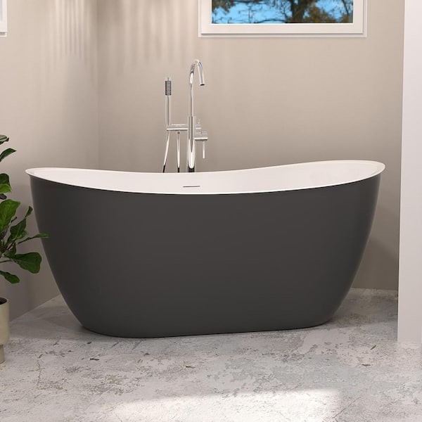 INSTER MUTE 59 in. Outer Gray Flatbottom Freestanding Double Slipper Soaking Non-Whirlpool Bathtub in Gray