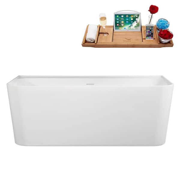 Streamline 63 in. x 30 in. Acrylic Freestanding Soaking Bathtub in Glossy White With Polished Gold Drain, Bamboo Tray