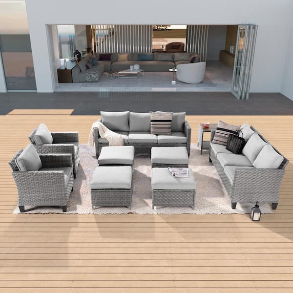 Sonkuki 9-Piece Patio Sofa Set Gray Wicker Outdoor Furniture Set with Side Table, Linen Grey