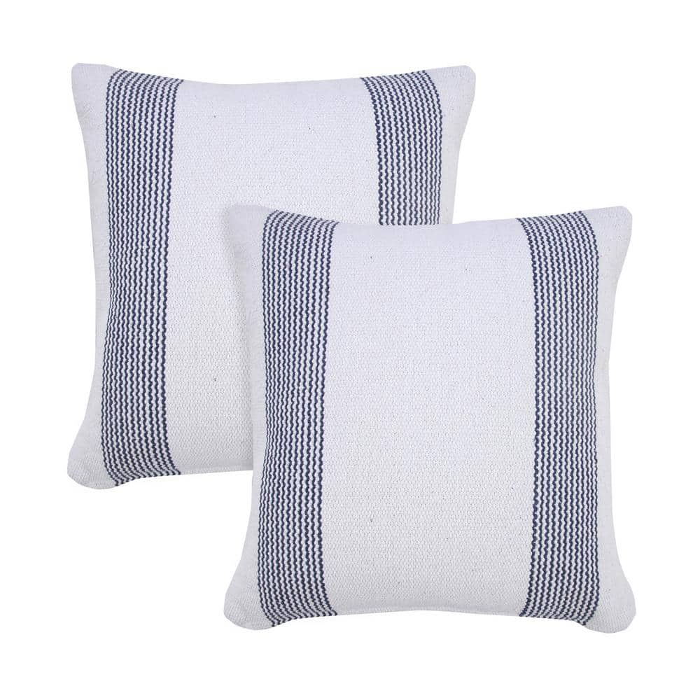 Cabana Blue White Striped Hand-Woven 20 in. x 20 in. Indoor Throw Pillow Se