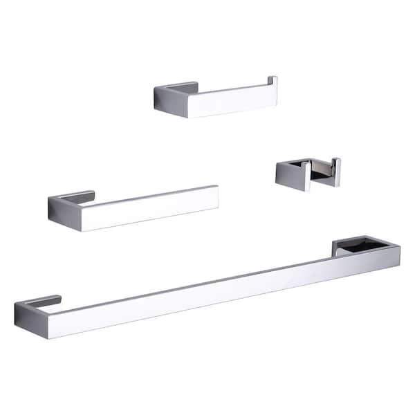 IVIGA 4-Piece Square Wall Mount Bath Hardware Set with Towel Bar, Towel Rack, Toilet Paper Holder and Hook in Polished Chrome