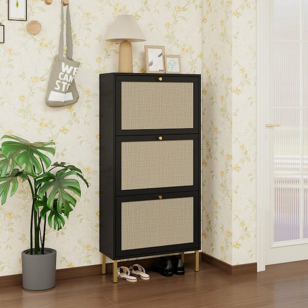 48.98 in. H x 23.62 in. W Black Rattan 3-Door Freestanding Shoe Storage Cabinet with Metal Base