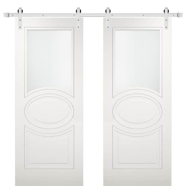 Assemble Required 7012 72 in. x 84 in. White Finished MDF Sliding Door with Double Barn Stainless Hardware