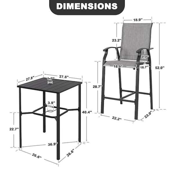Black 3-Piece Textilene and Metal Square Outdoor Bar Set with Umbrella Hole and Height Back Bar Stools