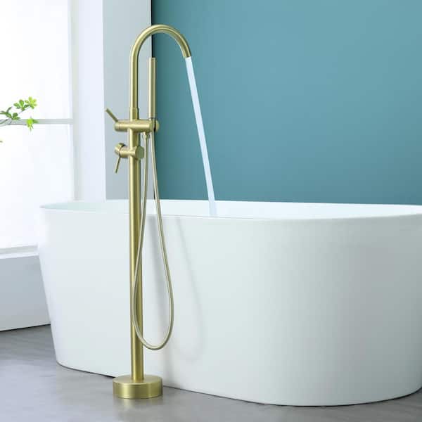 Qiu 2-Handle Freestanding Floor Mount Roman Tub Faucet Bathtub Filler with Hand Shower in Brushed Gold