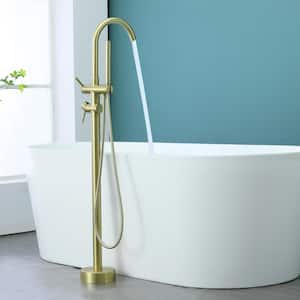 Boger 2-Handle Freestanding Floor Mount Roman Tub Faucet Bathtub Filler with Hand Shower in Brushed Gold